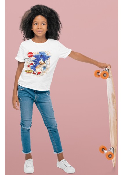 Sonic Baskılı Çocuk Tişört, Unisex Çizgi Film Baskılı Bebek T-Shirt