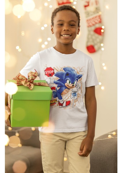 Sonic Baskılı Çocuk Tişört, Unisex Çizgi Film Baskılı Bebek T-Shirt