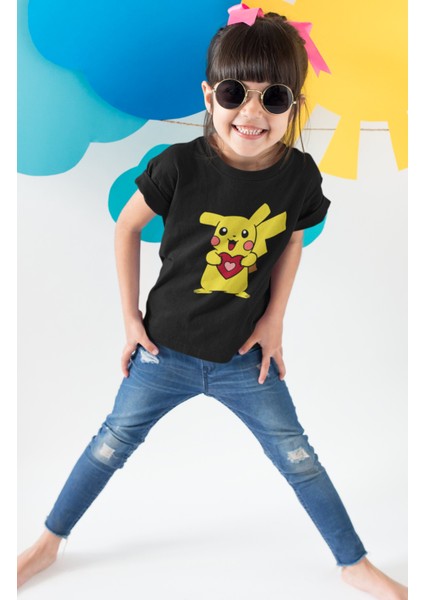 Pikachu Baskılı Çocuk Tişört, Unisex Pokemon Baskılı Bebek T-Shirt