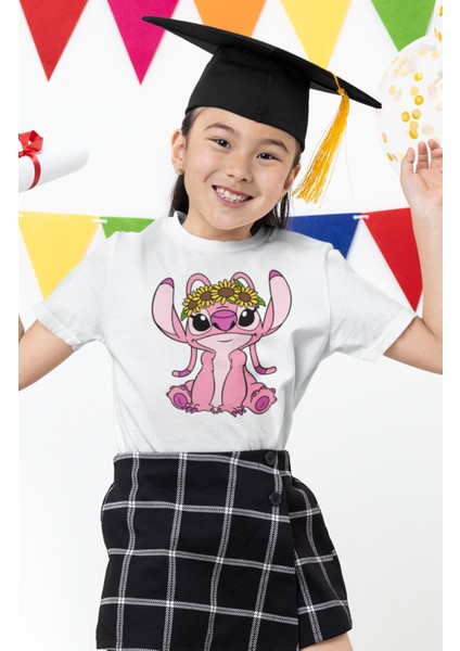 Angel Baskılı Kız Çocuk Tişört, Stitch Angel Baskılı Kız Bebek T-Shirt