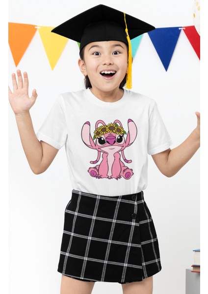 Angel Baskılı Kız Çocuk Tişört, Stitch Angel Baskılı Kız Bebek T-Shirt