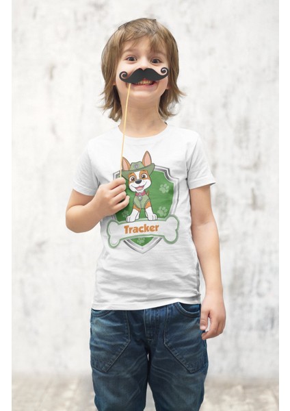 Paw Patrol Tracker Baskılı Çocuk Tişört, Unisex Çizgi Film Baskılı Bebek T-Shirt