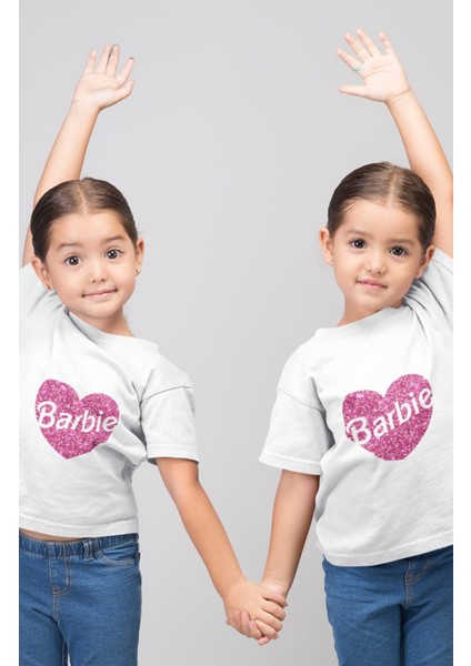 Fuddy Moda Kız Çocuk Simli Görünümlü Kalp Barbie Baskılı Tişört, Barbie Yazılı Bebek T-Shirt