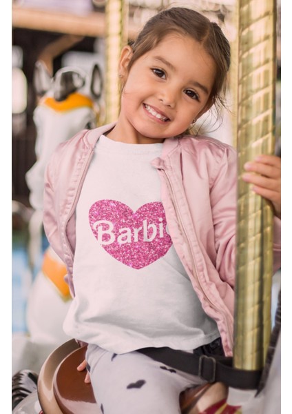 Fuddy Moda Kız Çocuk Simli Görünümlü Kalp Barbie Baskılı Tişört, Barbie Yazılı Bebek T-Shirt