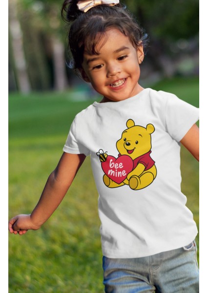 Fuddy Moda Bee Mine Yazılı Baskılı Çocuk Tişört, Unisex Winnie The Pooh Baskılı Bebek T-Shirt