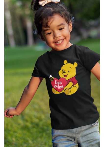 Bee Mine Yazılı Baskılı Çocuk Tişört, Unisex Winnie The Pooh Baskılı Bebek T-Shirt