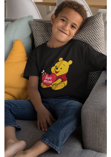 Bee Mine Yazılı Baskılı Çocuk Tişört, Unisex Winnie The Pooh Baskılı Bebek T-Shirt