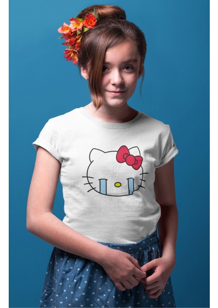 Ağlayan Hello Kitty Baskılı Kız Çocuk Tişört, Sevimli Hello Kitty Baskılı Kız Bebek T-Shirt