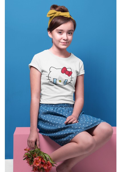 Ağlayan Hello Kitty Baskılı Kız Çocuk Tişört, Sevimli Hello Kitty Baskılı Kız Bebek T-Shirt