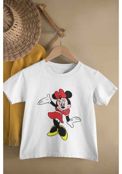 Kız Çocuk Minnie Mouse Baskılı Tişört, Çizgi Film Karakter Baskılı Bebek T-Shirt