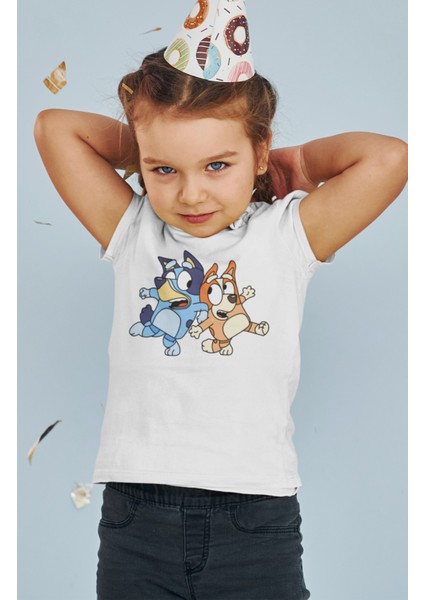 Bluey ve Bingo Baskılı Çocuk Tişört, Unisex Çizgi Film Baskılı Bebek T-Shirt