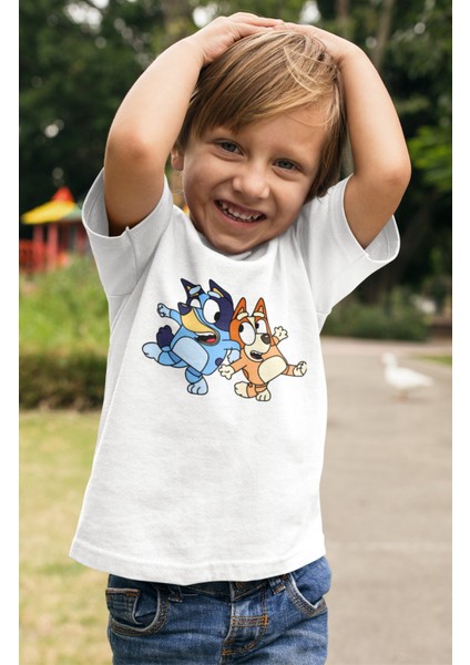 Bluey ve Bingo Baskılı Çocuk Tişört, Unisex Çizgi Film Baskılı Bebek T-Shirt