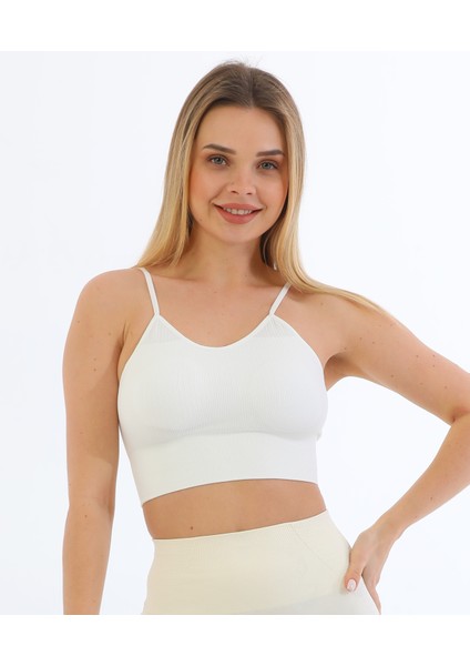 Yeni Sezon Ince Askılı Fitilli Toparlayıcı Crop Büstiyer Beyaz modelleri