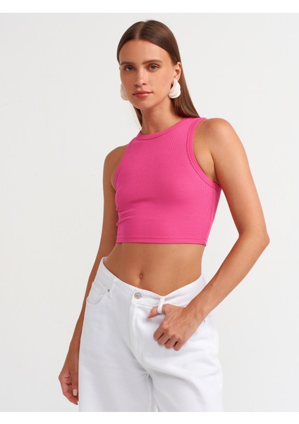 20820 Dikiş Efektli Crop Top-Fuşya