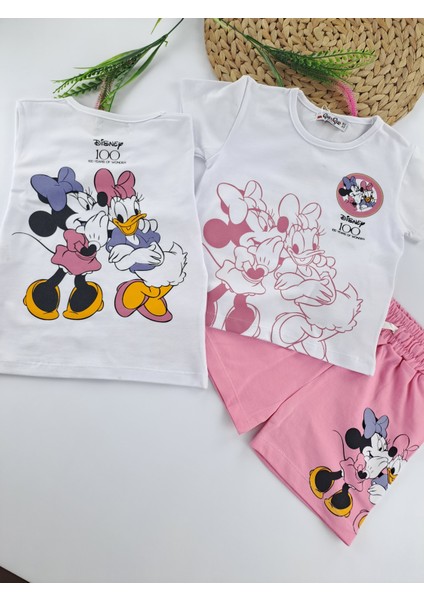 Kız Çocuk Şort Tişort Ikili Takım Minnie Mouse Baskılı Sırt ve Göğüs Baskılı