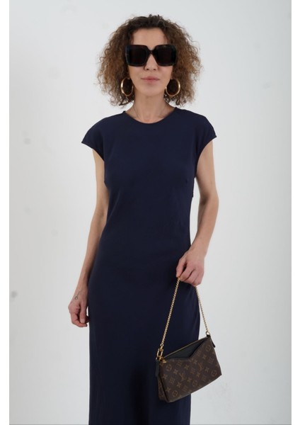 Lacivert Sırt Dekolte Tensel Keten Elbise fiyatları