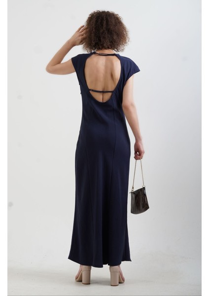 Lacivert Sırt Dekolte Tensel Keten Elbise modelleri