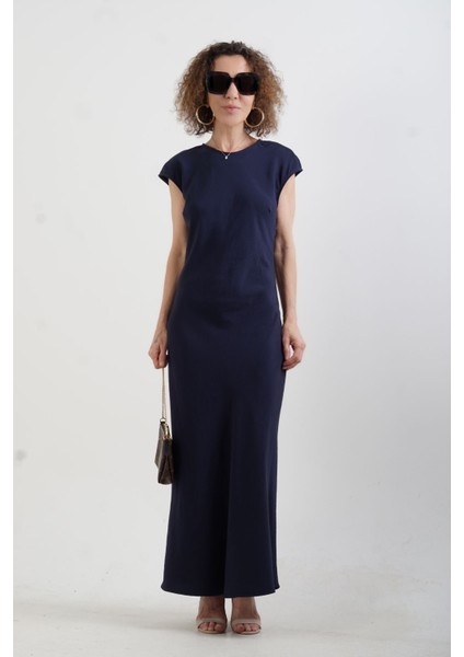 Lacivert Sırt Dekolte Tensel Keten Elbise fırsatları