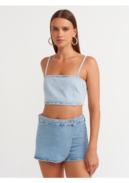 50735 Askılı Kısa Denim Straplez-Mavi
