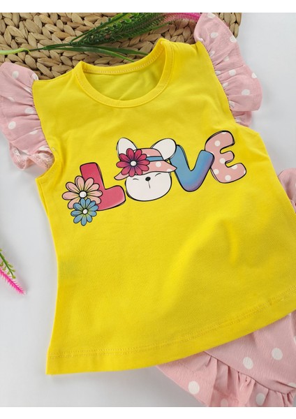 Kız Çocuk Şapkalı Şort Tişort Üçlü Yazlık Takım Premium Kalite Baskı Love fiyatları