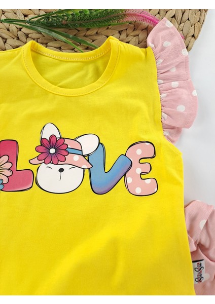 Kız Çocuk Şapkalı Şort Tişort Üçlü Yazlık Takım Premium Kalite Baskı Love modelleri
