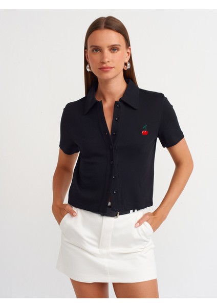 31006 Polo Yaka Nakış Detaylı Tshirt-Siyah