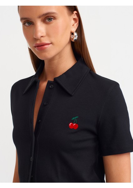 31006 Polo Yaka Nakış Detaylı Tshirt-Siyah fırsatları