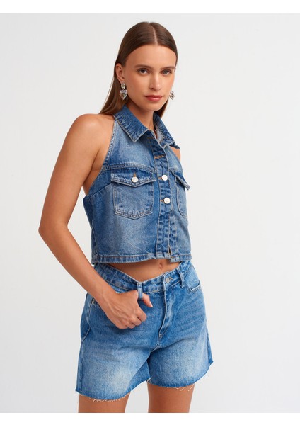 71514 Paçası Kesik Orta Boy Denim Şort-Mavi modelleri