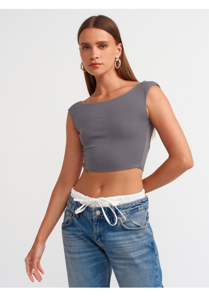 20869 Kayık Yaka Crop Top-Füme