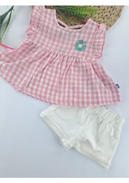 Kız Çocuk/bebek Keten Şort Gömlek Bluz Ikili Takım Çiçek Nakışlı Sırt Çapraz Ip Detaylı
