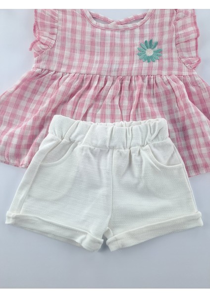 Kız Çocuk/bebek Keten Şort Gömlek Bluz Ikili Takım Çiçek Nakışlı Sırt Çapraz Ip Detaylı modelleri