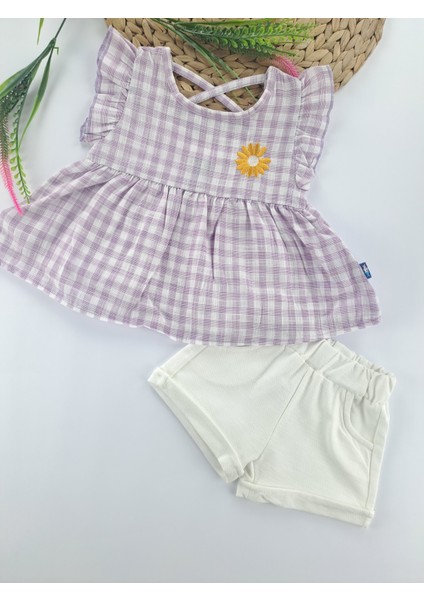 Kız Çocuk/bebek Keten Şort Gömlek Bluz Ikili Takım Çiçek Nakışlı Sırt Çapraz Ip Detaylı