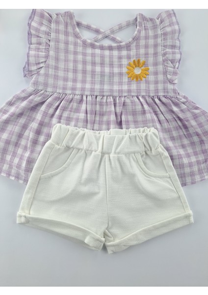 Kız Çocuk/bebek Keten Şort Gömlek Bluz Ikili Takım Çiçek Nakışlı Sırt Çapraz Ip Detaylı modelleri
