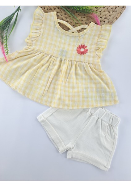 Kız Çocuk/bebek Keten Şort Gömlek Bluz Ikili Takım Çiçek Nakışlı Sırt Çapraz Ip Detaylı