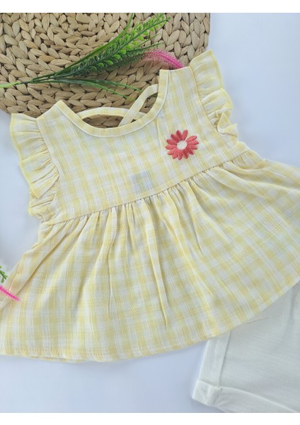 Kız Çocuk/bebek Keten Şort Gömlek Bluz Ikili Takım Çiçek Nakışlı Sırt Çapraz Ip Detaylı fiyatları
