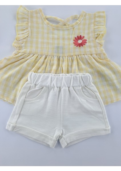 Kız Çocuk/bebek Keten Şort Gömlek Bluz Ikili Takım Çiçek Nakışlı Sırt Çapraz Ip Detaylı modelleri