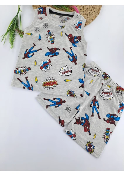 Bonboner Kids Kız Çocuk Yazlık Şortlu Pijama Takımı Gri Spiderman Baskılı