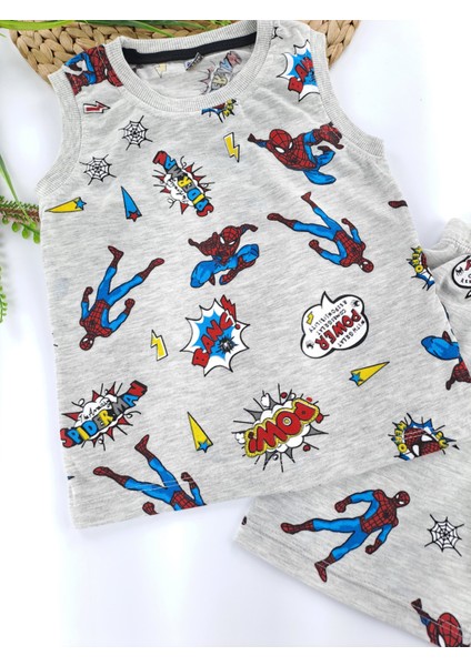 Bonboner Kids Kız Çocuk Yazlık Şortlu Pijama Takımı Gri Spiderman Baskılı