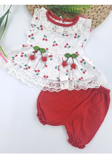 Kız Çocuk/bebek Bürümcük Şort Dantel Gömlek Ikili Takım Kiraz Baskı ve Ponpon Kirazlı