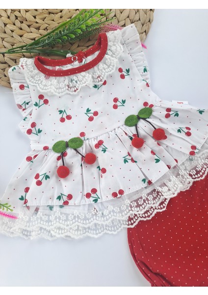 Kız Çocuk/bebek Bürümcük Şort Dantel Gömlek Ikili Takım Kiraz Baskı ve Ponpon Kirazlı fiyatları