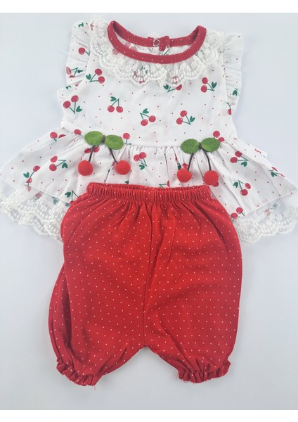 Kız Çocuk/bebek Bürümcük Şort Dantel Gömlek Ikili Takım Kiraz Baskı ve Ponpon Kirazlı modelleri