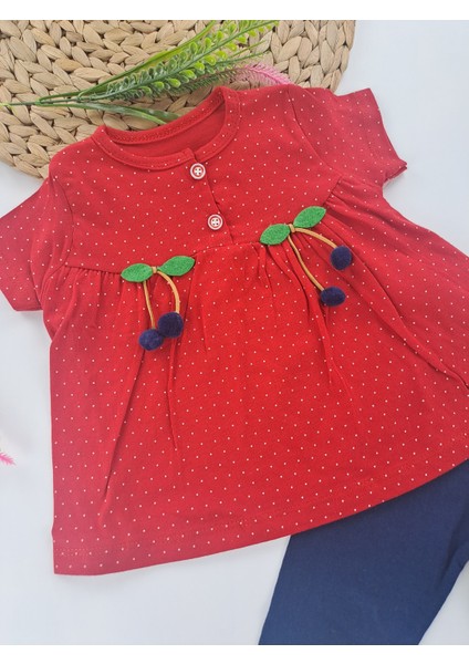 Kız Çocuk/bebek Tayt Tişort Ikili Takım Kırmızı Mavi Kombin Kiraz Detaylı Yazlık fiyatları