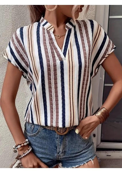 Kadın Kısa Kollu Hakim V Yaka Bürümcük Bluz