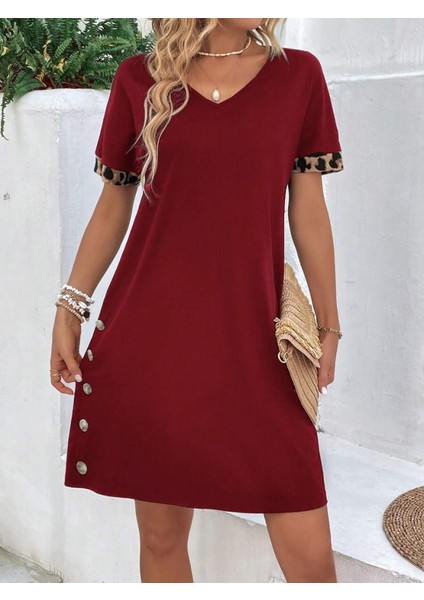 Kadın Kolları Leopar Eteği Düğme Detay Viskon Elbise fiyatları