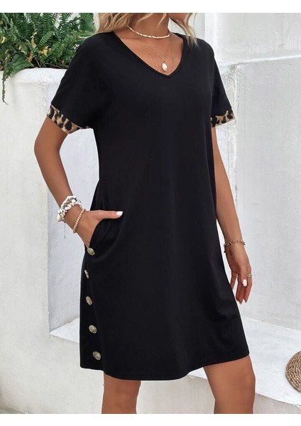 Kadın Kolları Leopar Eteği Düğme Detay Viskon Elbise