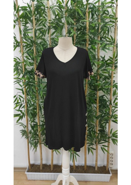 Kadın Kolları Leopar Eteği Düğme Detay Viskon Elbise fiyatları