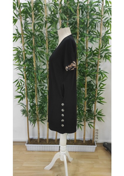 Kadın Kolları Leopar Eteği Düğme Detay Viskon Elbise modelleri