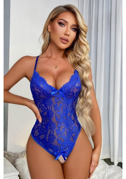 Özel Bölgesi Açık Dantelli Saks Babydoll Gecelik