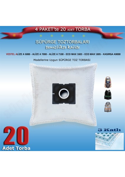 Vestel Alize A 5000 - Alize A 7000 - Alize A 7100 - Eco Max 1603 - Eco Max 1805 - Kasırga A9000 Modellerine Uygun 20 adet Süpürge Toz Torbası 200120