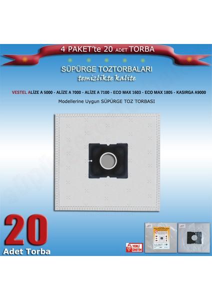 Vestel Alize A 5000 - Alize A 7000 - Alize A 7100 - Eco Max 1603 - Eco Max 1805 - Kasırga A9000 Modellerine Uygun 20 adet Süpürge Toz Torbası 200120